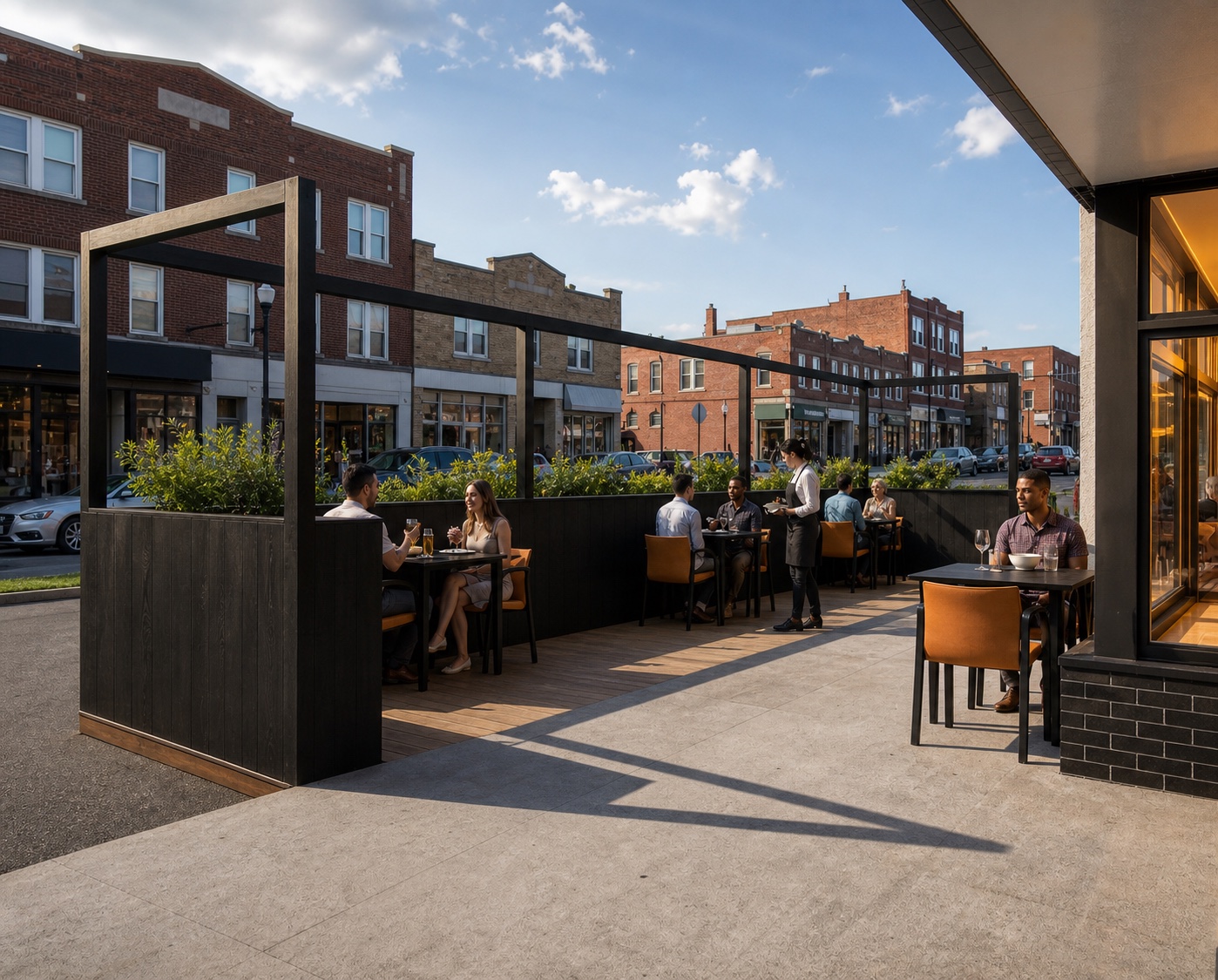 Realistic commercial outdoor dining patio in a historic neighborhood streetscape